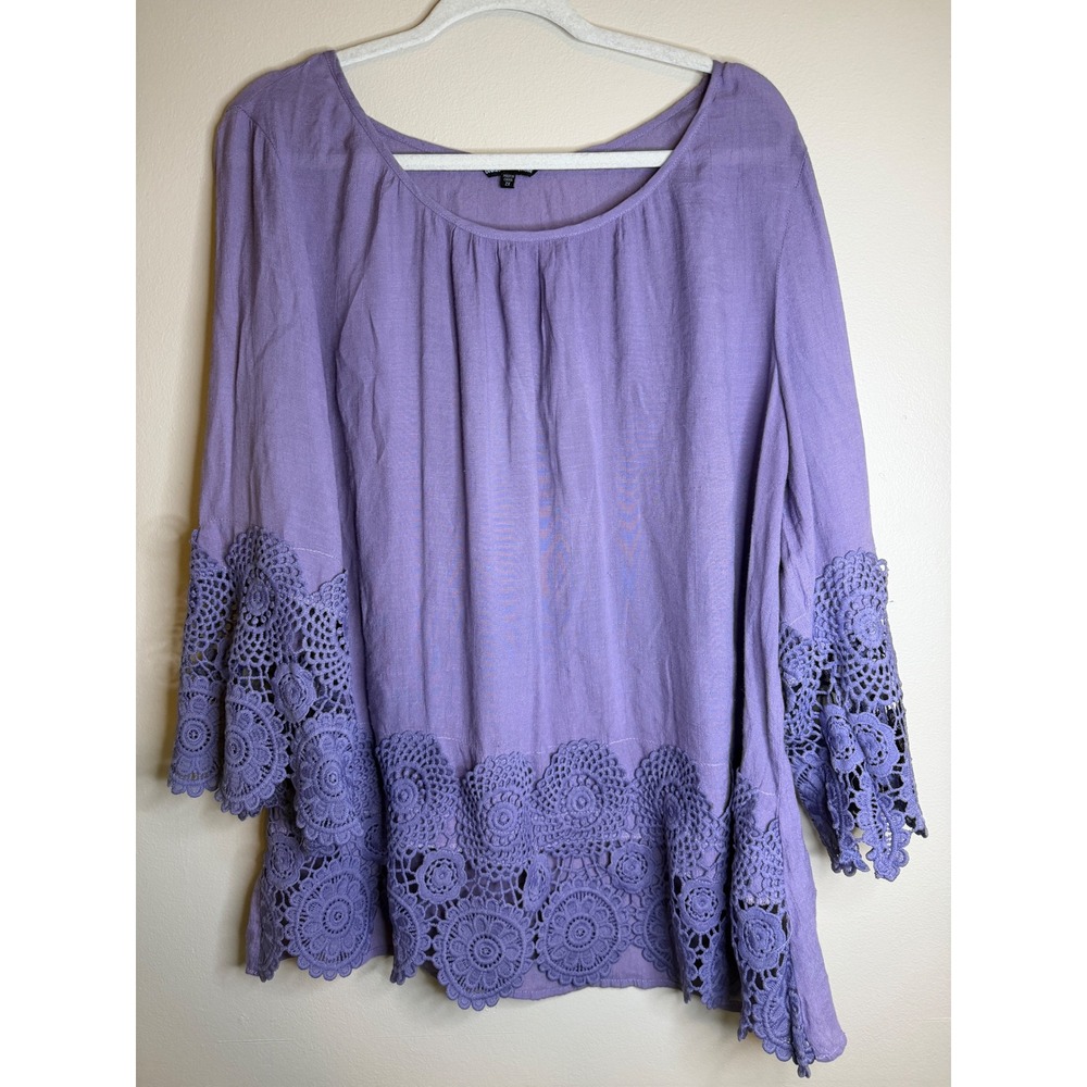 Unique Spectrum Purple Crochet Lace Trim Blouse Plus Size 2X Boho Top